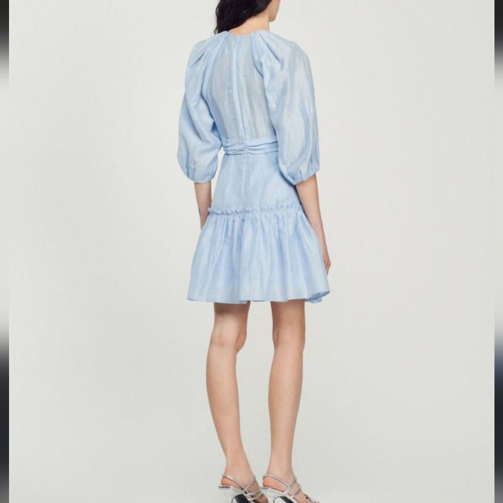 MSRP $400 Sandro Tourmaline Blue Linen Mini Dress Size XS / FR 34 - Picture 2 of 9